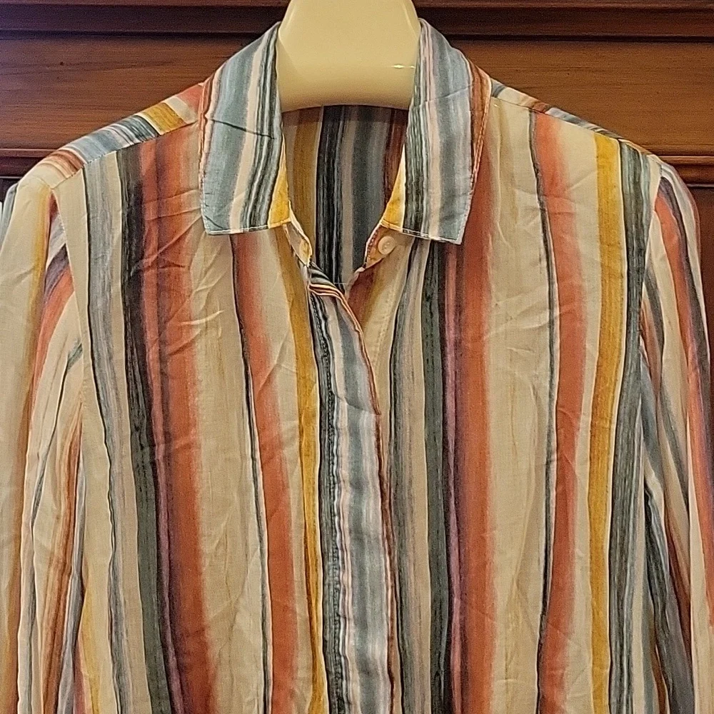 Bella Dahl | Colorful Striped Button Down Long Sleeve Blouse 100% Rayon - Size L - Picture 2 of 10